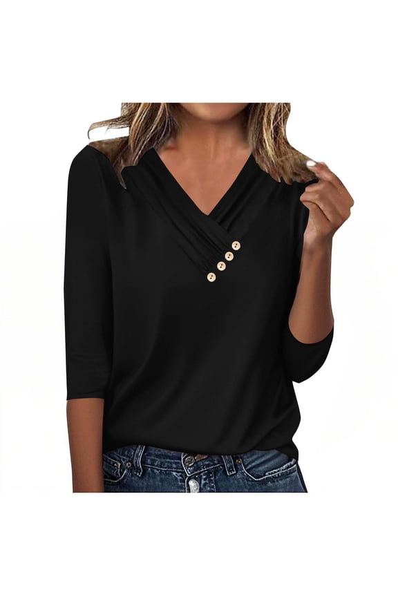 Women's 3/4 Length Sleeve Tops Fashion Crossover V Neck Dressy Casual T Shirts Soft Tunic Blouses