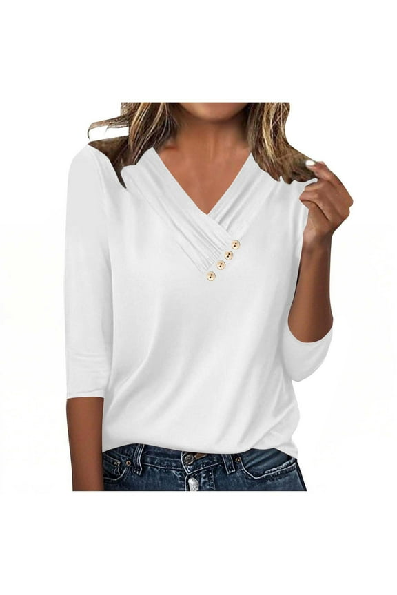 Women's 3/4 Length Sleeve Tops Fashion Crossover V Neck Dressy Casual T Shirts Soft Tunic Blouses