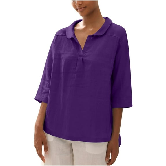 Ltctricy Women's 3/4 Length Sleeve Tops Trendy V Neck Solid Color High Low Hem Collared Blouses Loose Casual Tunic Shirts(Purple,Small)