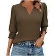 thumbnail image 1 of Ltctricy Women's 3/4 Length Sleeve Tops V Neck Curved Hem Solid Color Dressy Casual Tunic Tops Loose Tee Blouses(Coffee,Small), 1 of 7