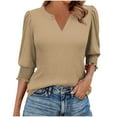 thumbnail image 1 of Ltctricy Women's 3/4 Length Sleeve Tops V Neck Curved Hem Solid Color Dressy Casual Tunic Tops Loose Tee Blouses(Khaki,Small), 1 of 7