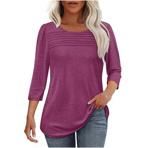 Ltctricy Women's 3/4 Length Tunic Tops Solid Color Pleated Front Crew Neck Business Casual T Shirts Loose Dressy Blouses