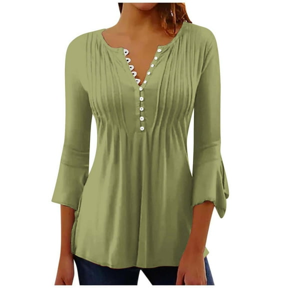 Ltctricy Women's 3/4 Sleeve Tops Trendy Crew Neck Half Button Pleated Front Tunic Blouses Dressy Casual Shirts