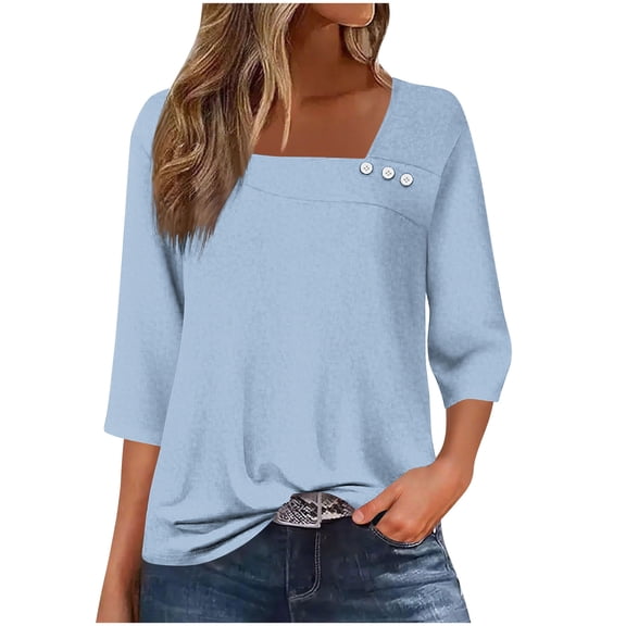 Ltctricy Women's 3/4 Sleeve Tunic Tops Trendy Asymmetrical Neck Solid Color T Shirts Casual Loose Tee Blouses(Light Blue,X-Large)