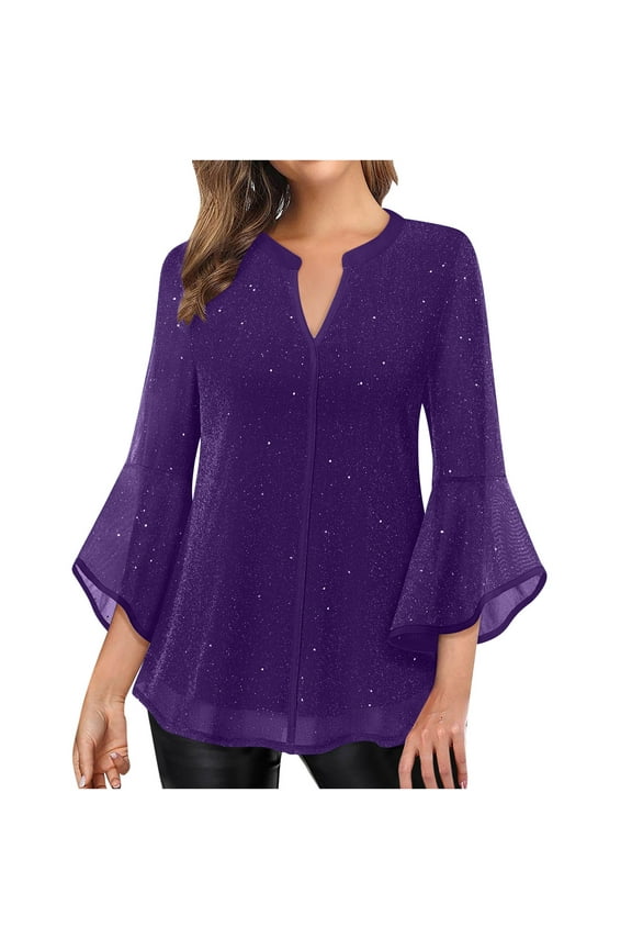 Women's 3/4 Sleeve Tunic Tops V Neck Casual Loose Glitter Mesh Layered Dressy Blouses Trendy Flowy Shirts