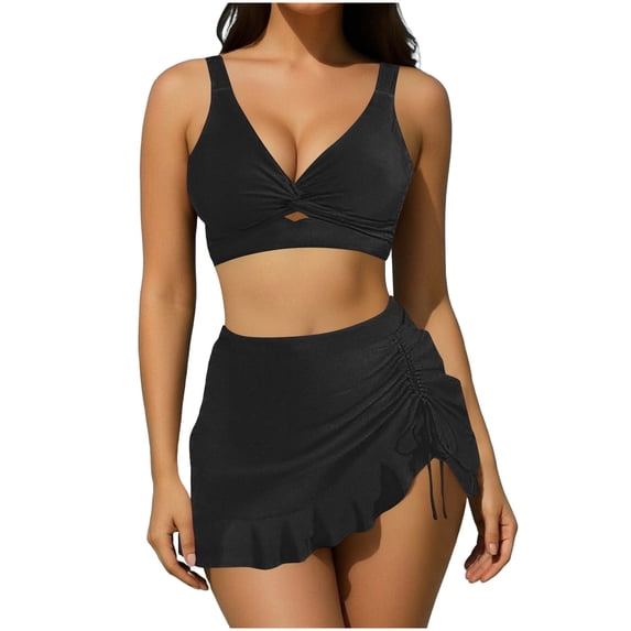 Ltctricy Women's 3 Piece Swimsuits V Neck Twist Front Cut out Drawstring Ruffle Hem Swim Skirt Bathing Suits High Waisted Bikini Sets
