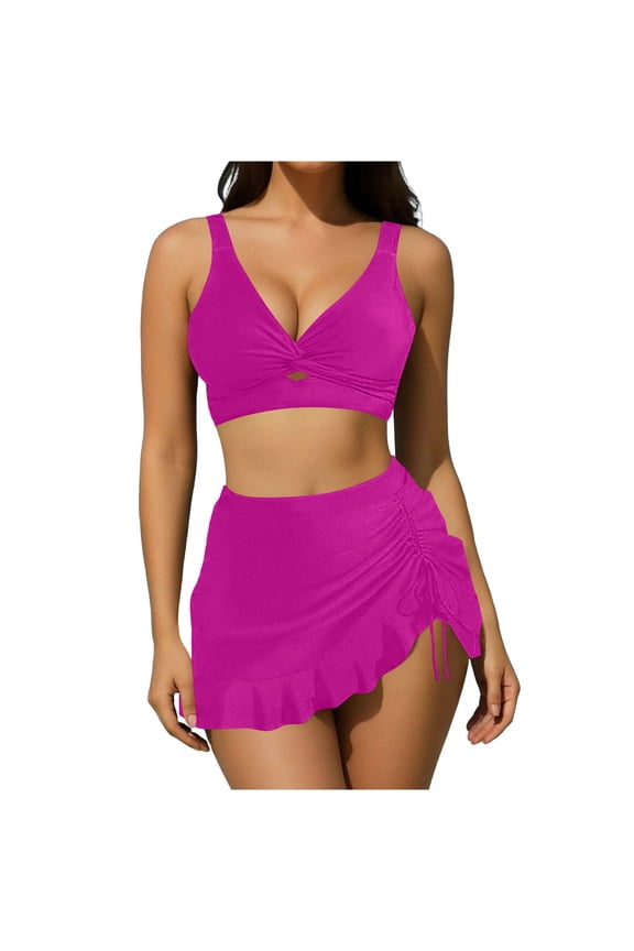 Women's 3 Piece Swimsuits V Neck Twist Front Cut out Drawstring Ruffle Hem Swim Skirt Bathing Suits High Waisted Bikini Sets