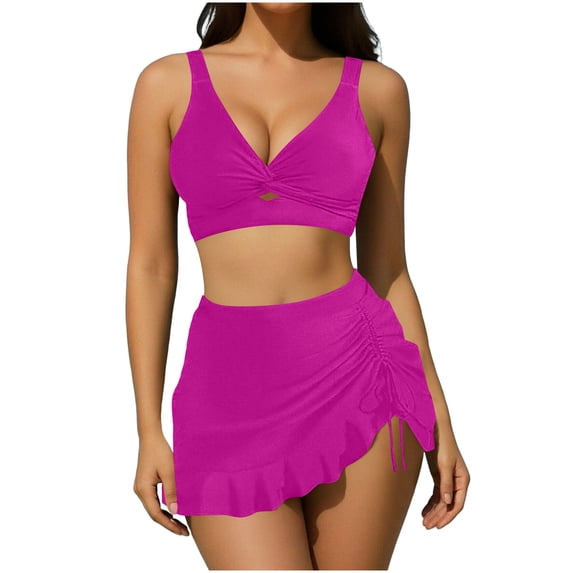 Ltctricy Women's 3 Piece Swimsuits V Neck Twist Front Cut out Drawstring Ruffle Hem Swim Skirt Bathing Suits High Waisted Bikini Sets