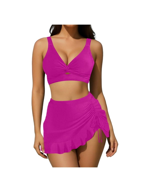 Women's 3 Piece Swimsuits V Neck Twist Front Cut out Drawstring Ruffle Hem Swim Skirt Bathing Suits High Waisted Bikini Sets