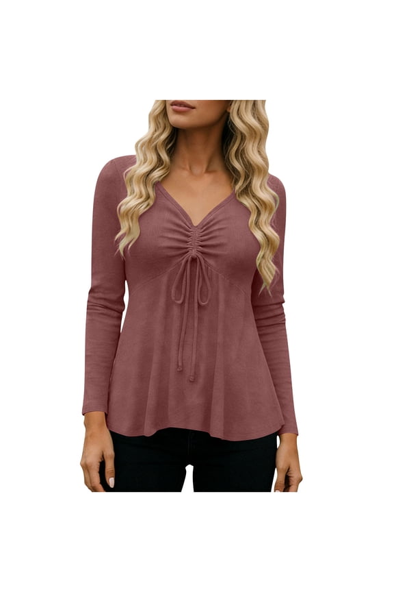 Women's Babydoll Tops Trendy V Neck Long Sleeve Drawstring Ruched Front T Shirts Dressy Casual Tunic Blouses(Brown,XX-Large)