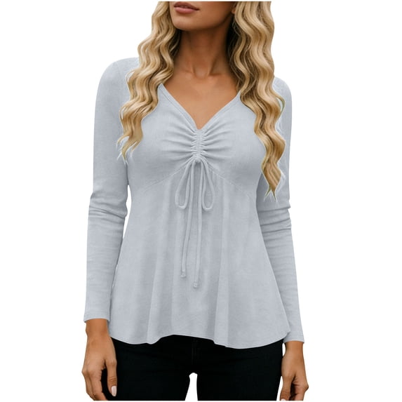Ltctricy Women's Babydoll Tops Trendy V Neck Long Sleeve Drawstring Ruched Front T Shirts Dressy Casual Tunic Blouses(Gray,X-Large)