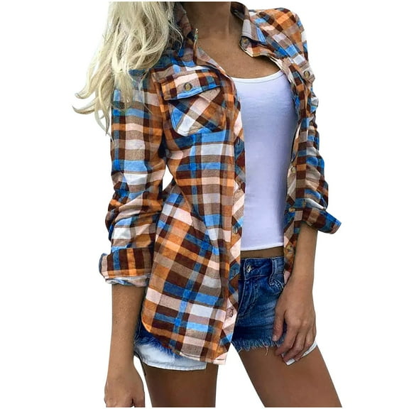 Ltctricy Women's Button Down Shirts Casual Plaid Long Sleeve Blouses Lightweight Spring Fall Fashion Tops