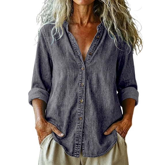 Ltctricy Women's Button down Denim Shirt Collared Casual Long Sleeve Tops Fall Loose Fit Trendy Jean Shirt