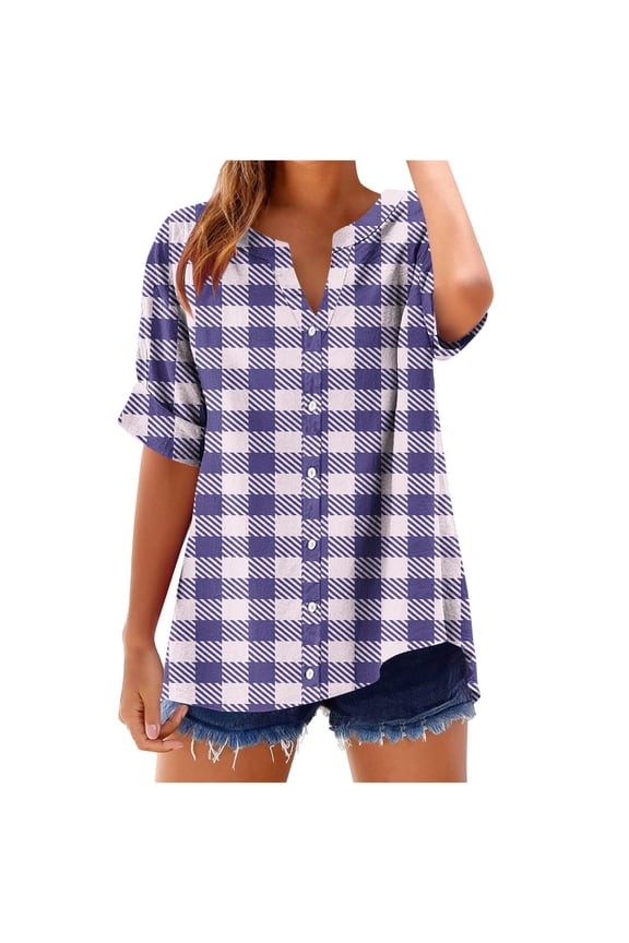Women's Button down Shirts Trendy Plaid Short Sleeve V Neck Casual Loose Blouses Summer Tunic Tops