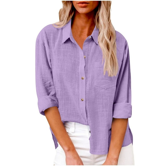 Ltctricy Women's Button down Shirts Collared Long Sleeve Side Split Cotton Linen Business Casual Work Tops Summer Tunic Blouses