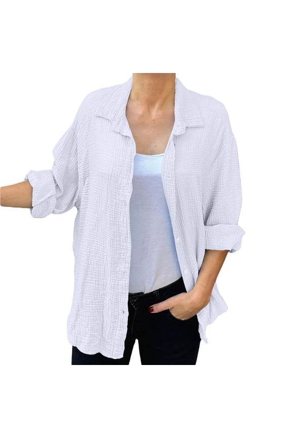 Women's Button down Shirts Long Sleeve Collared Pleated Beach Coverup Tops Casual Loose Tunic Blouses(White,Medium)