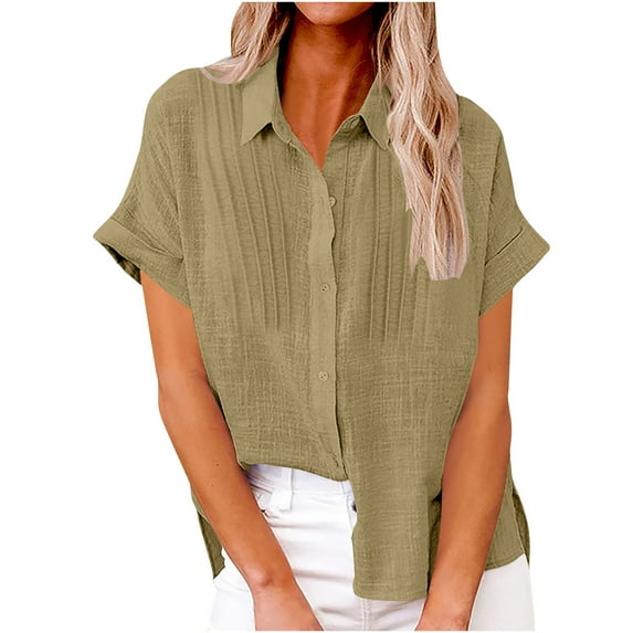 Ltctricy Women's Button down Shirts Short Sleeve Collared Pleated Front Cotton Linen Tops Loose Casual Blouses