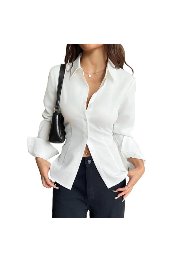 Women's Button down Shirts Trendy Long Sleeve Tie Back Rushed Curved Hem Slim Collared Blouses Dressy Casual Tops(White,Large)