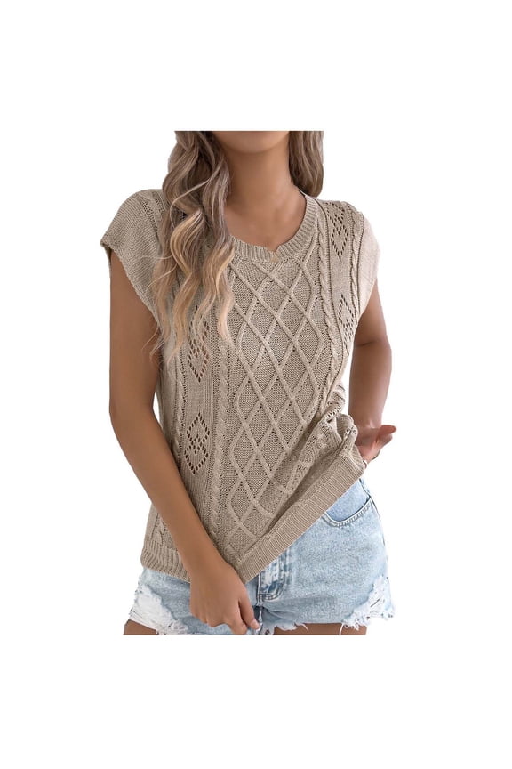 Women's Cap Sleeve Sweaters Lightweight Crew Neck Cable Knit Pullover Tops Trendy Casual Tunic Blouses