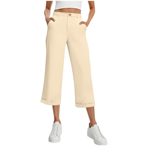 Ltctricy Women's Capri Dress Pants Dressy Casual Elastic High Waisted Cropped Work Pants Loose Office Capris Trousers with Pockets