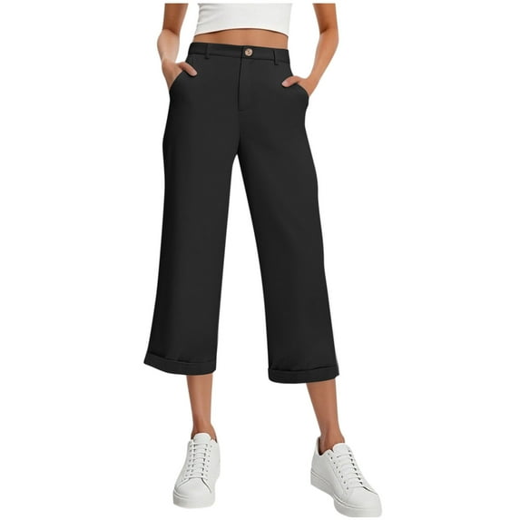 Ltctricy Women's Capri Dress Pants Dressy Casual Elastic High Waisted Cropped Work Pants Loose Office Capris Trousers with Pockets