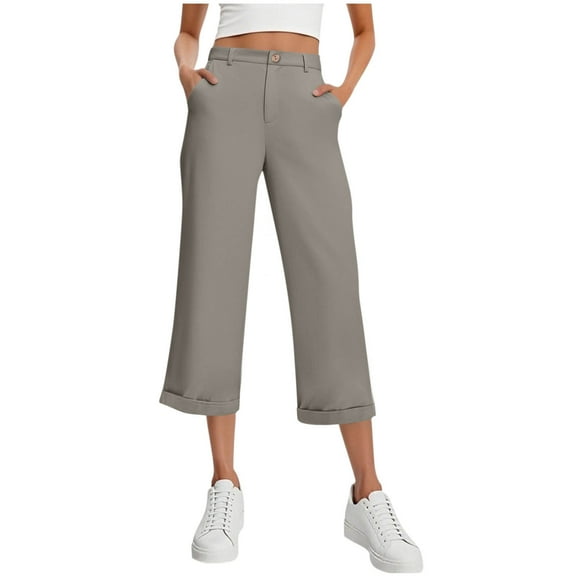 Ltctricy Women's Capri Dress Pants Dressy Casual Elastic High Waisted Cropped Work Pants Loose Office Capris Trousers with Pockets
