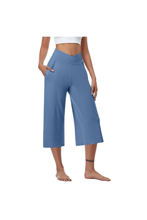 Women's Capri Pants Comfy Crossover High Waisted Wide Leg Cropped Yoga Lounge Pants Casual Loose Capris Sweatpants