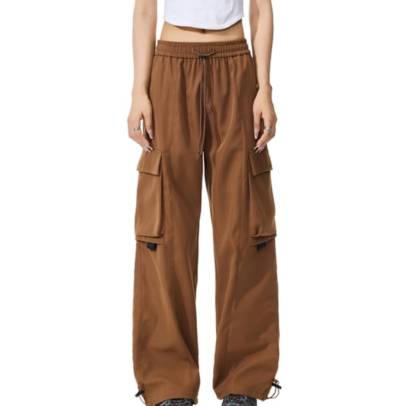 Ltctricy Women's Cargo Pants Elastic High Waisted Pleated Wide Leg Outdoor Hiking Travel Pants Baggy Casual Athletic Trousers(Coffee,XX-Large)
