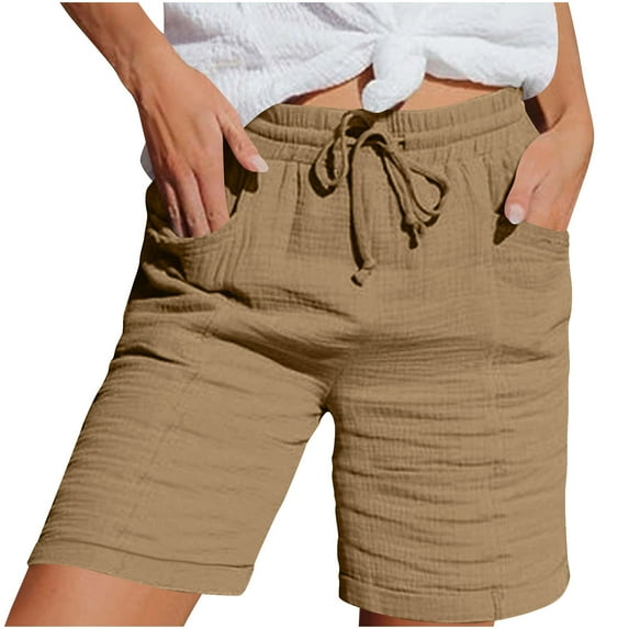 Ltctricy Women's Casual Shorts Elastic High Waisted Drawstring Pleated Mid Thigh Shorts Summer Beach Shorts with Pockets