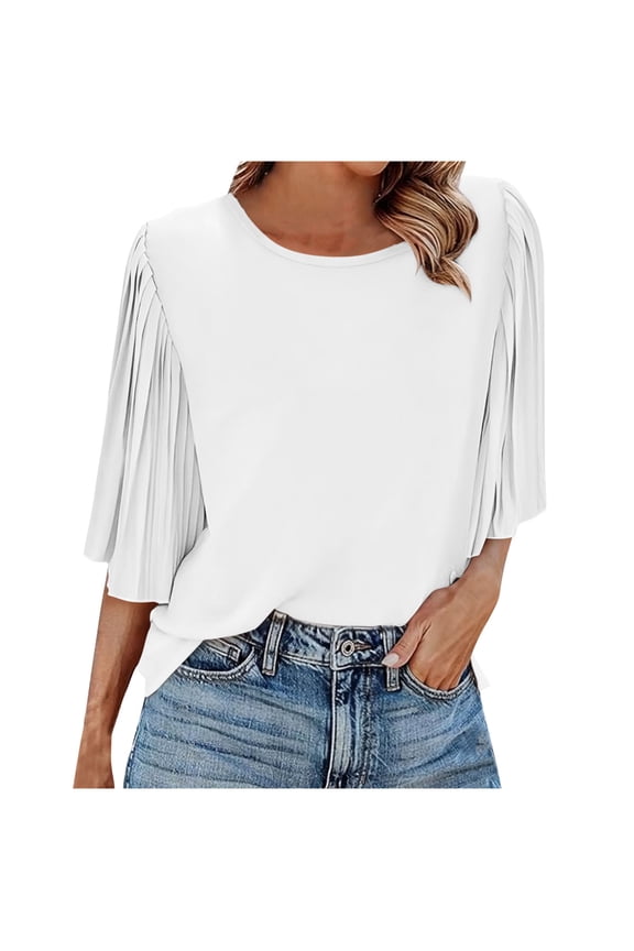 Women's Chiffon Blouses Bell Pleated Half Sleeve Crew Neck Back Button T Shirts Casual Loose Tunic Tops