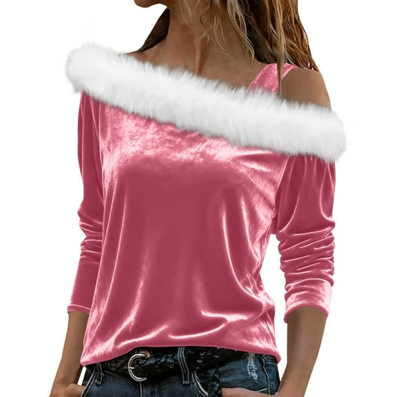 Ltctricy Women's Christmas Velvet Tops off One Shoulder Long Sleeve Asymmetrical Neck Fleece Trim Sweater Tops Dressy Casual Tunics(Pink,Large)