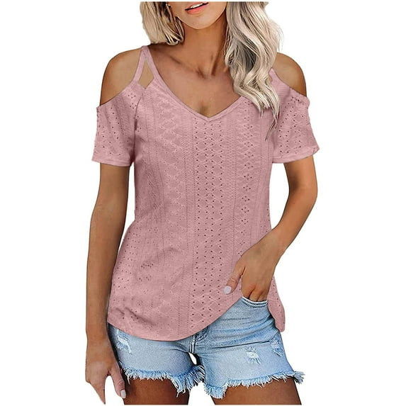 Ltctricy Women's Cold Shoulder Tops V Neck Spaghetti Strap Short Sleeve Eyelet Embroidered T Shirts Casual Tunic Blouses