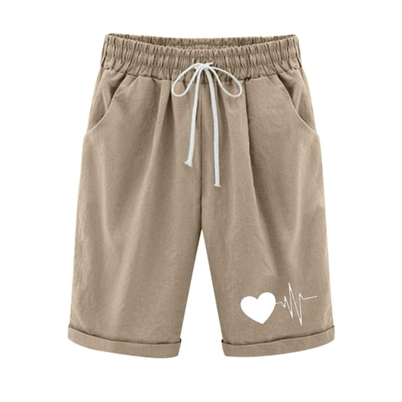 Ltctricy Women's Cotton Linen Bermuda Shorts Plus Size Elastic Waist Straight Leg Printed Knee Length Shorts Loose Casual Shorts