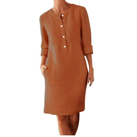 Ltctricy Women's Cotton Linen Dress Plus Size Long Sleeve Crew Neck Half Button Mini Dresses Knee Length Shirt Dresses with Pockets