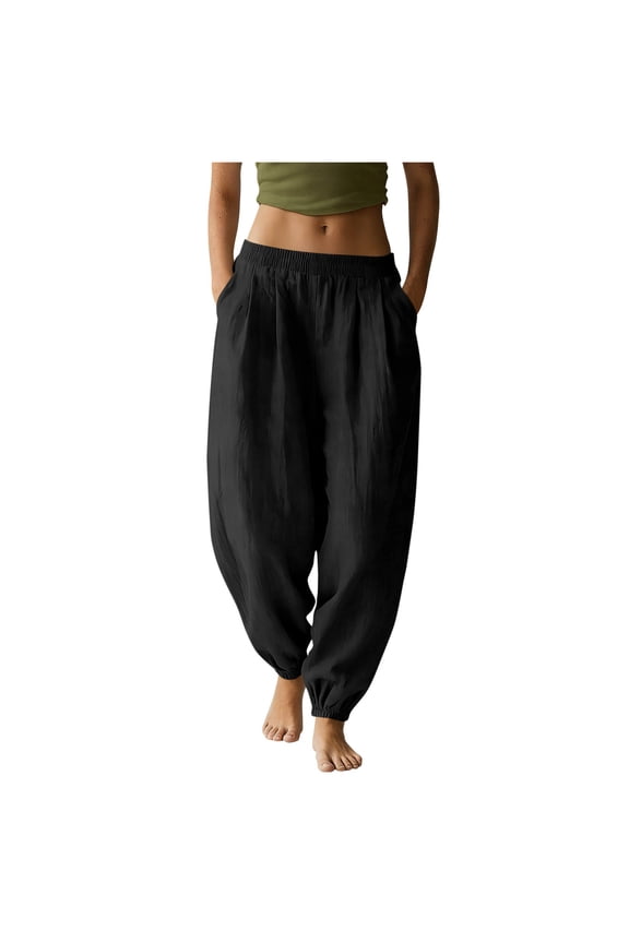 Women's Cotton Linen Pants Elastic Waist Pleated Pull on Tapered Leg Casual Pants Loose Jogger Pants with Pockets(Black,XX-Large)
