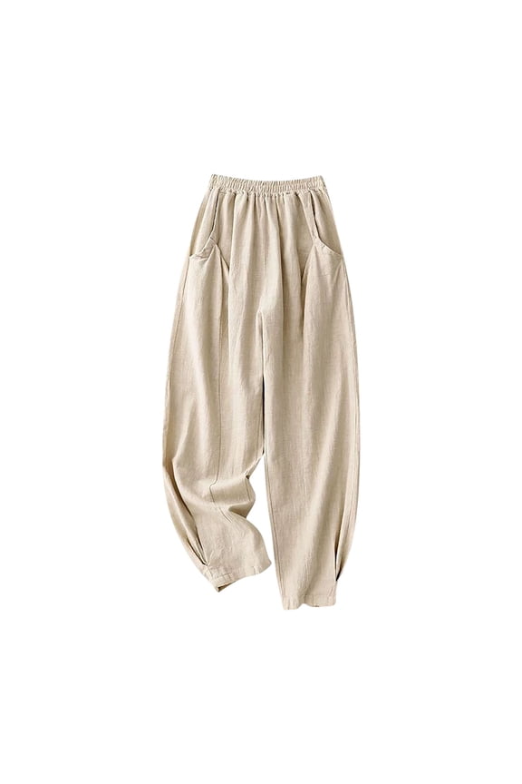 Women's Cotton Linen Pants Elastic Waist Pleated Pull on Tapered Leg Plus Size Cropped Pants Loose Fit Casual Trousers(Beige,X-Large)