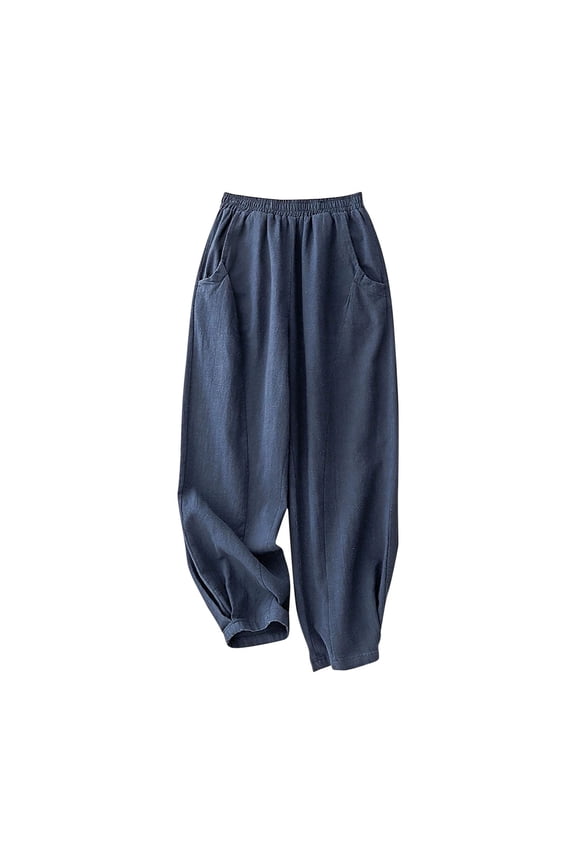 Women's Cotton Linen Pants Elastic Waist Pleated Pull on Tapered Leg Plus Size Cropped Pants Loose Fit Casual Trousers(Navy,X-Large)