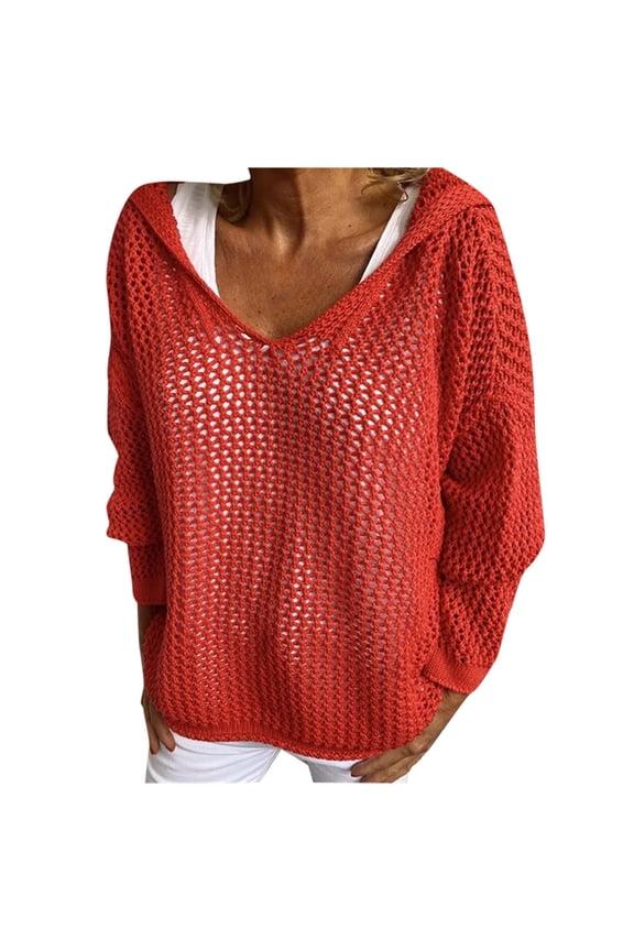 Women's Crochet Sweaters 3/4 sleeve v neck Hollow Out Pullover Hoodies casual loose lightweight sweaters(Red,Small)