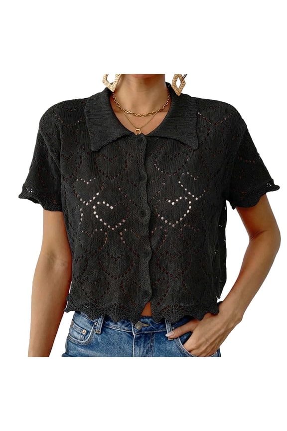 Women's Crop Crochet Tops Short Sleeve Collared Hollow out Knit Button down Shirts Lightweight Sweater Cardigans