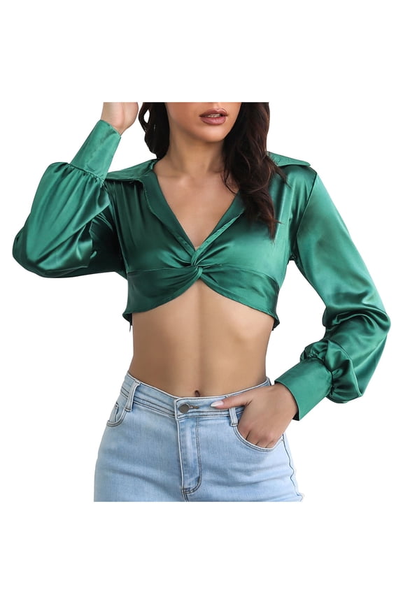 Women's Crop Tops Comfy Deep V Neck Knot Front Lantern Long Sleeve Shirts 2025 Trendy Casual Blouses