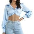 thumbnail image 1 of Ltctricy Women's Crop Tops Comfy Deep V Neck Knot Front Lantern Long Sleeve Shirts Trendy Casual Blouses, 1 of 7