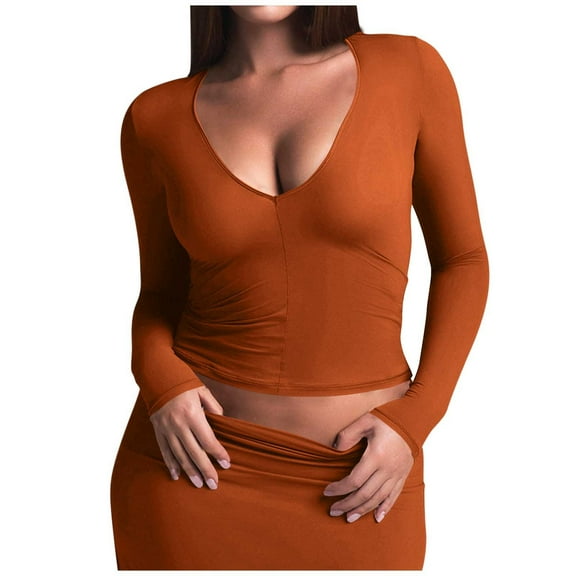Ltctricy Women's Crop Tops Long Sleeve Deep V Neck Slim Basic T Shirts Base Layer Undershirts Going out Outfits(Orange,Small)