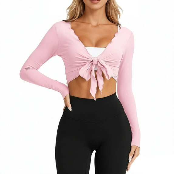 Ltctricy Women's Crop Tops Long Sleeve Ruffle Trim Tie Front Bolero Shrugs Slim Lightweight Cardigans Cover Up Shirts