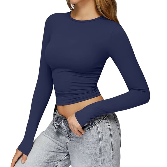 Ltctricy Women's Crop Workout Tops Long Sleeve Crew Neck Quick Dry Slim T Shirts Tight Athletic Shirts Gym Yoga Tees