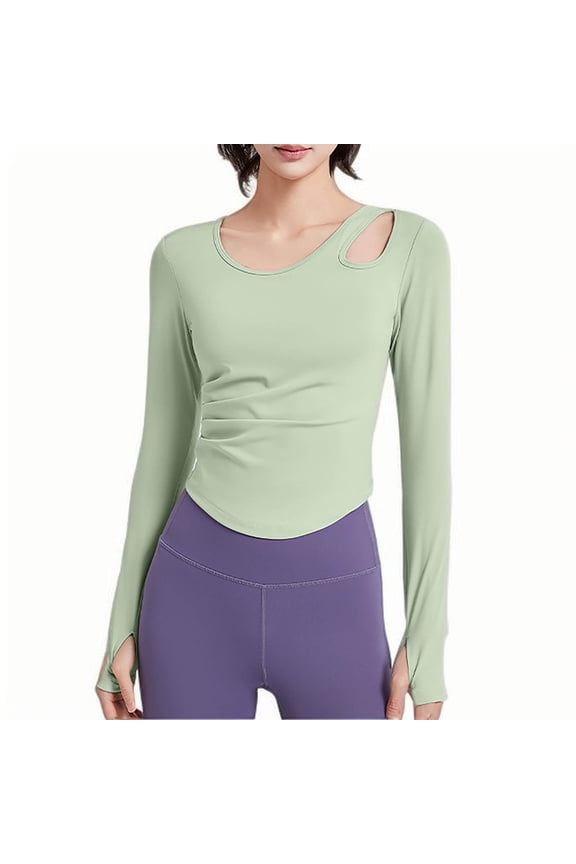 Women's Crop Workout Tops Long Sleeve Scoop Neck Cut out Curved Hem Slim T Shirts Athletic Yoga Tees with Thumb Holes(Green,Medium)