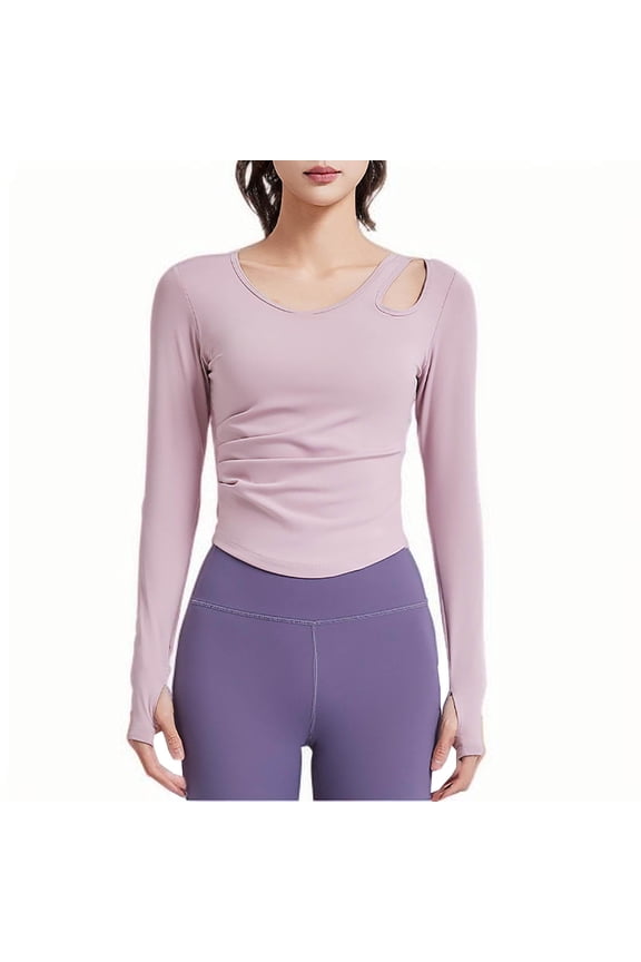 Women's Crop Workout Tops Long Sleeve Scoop Neck Cut out Curved Hem Slim T Shirts Athletic Yoga Tees with Thumb Holes(Pink,Medium)