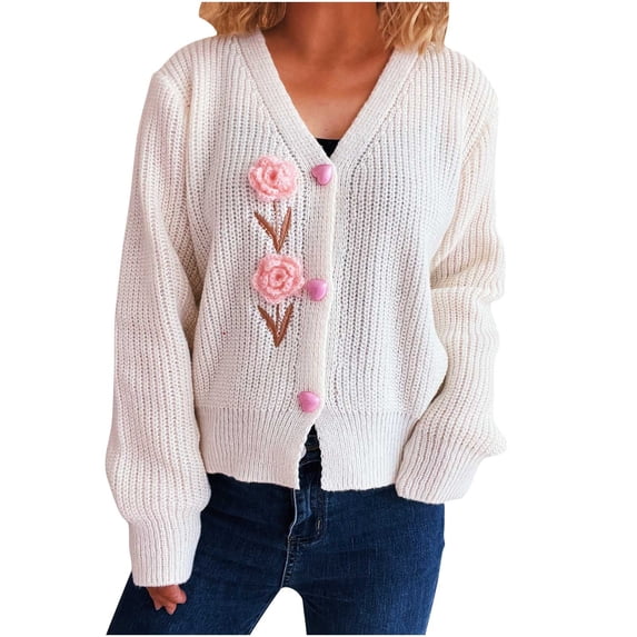 Ltctricy Women's Cropped Cardigan Sweaters Long Sleeve V Neck Floral Button down Chunky Knit Cardigans Soft Casual Outwear Coats(White,Small)
