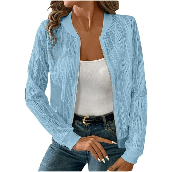 Ltctricy Women's Cropped Knitted Jackets Lightweight Long Sleeve Crew Neck Zip up Textured Cardigans Casual Outwear Coats(Light Blue,X-Large)
