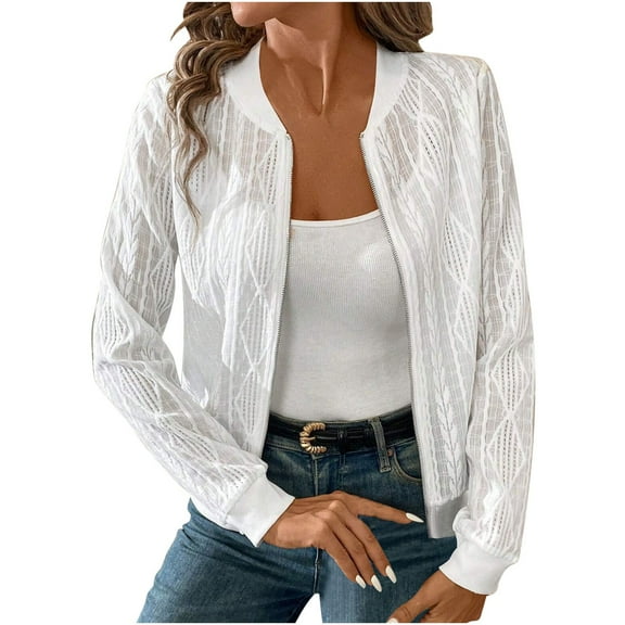 Ltctricy Women's Cropped Knitted Jackets Lightweight Long Sleeve Crew Neck Zip up Textured Cardigans Casual Outwear Coats(White,Small)