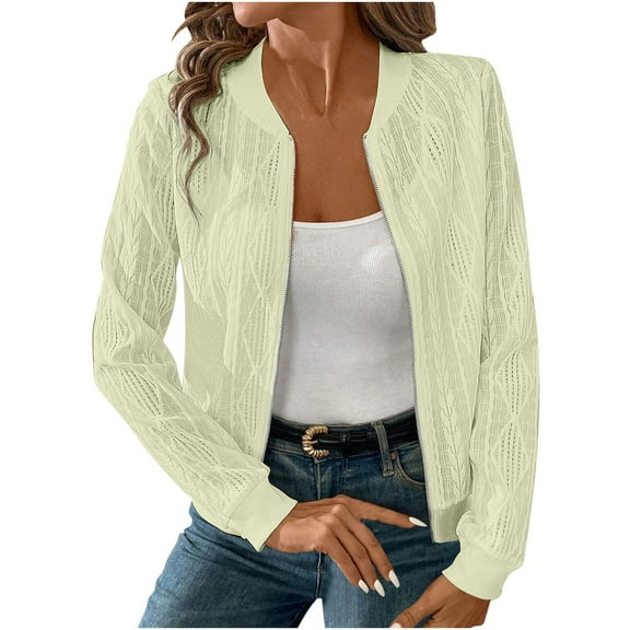 Ltctricy Women's Cropped Knitted Jackets Lightweight Long Sleeve Crew Neck Zip up Textured Cardigans Casual Outwear Coats(Yellow,Small)